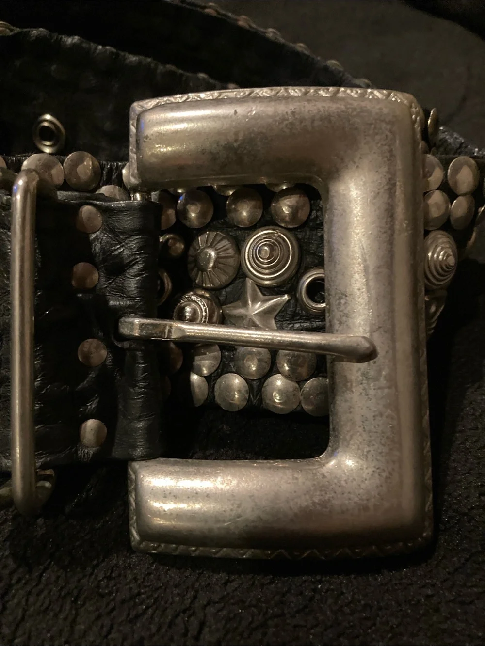 Vintage Black Leather Studded Belt with Silver-Tone Buckle